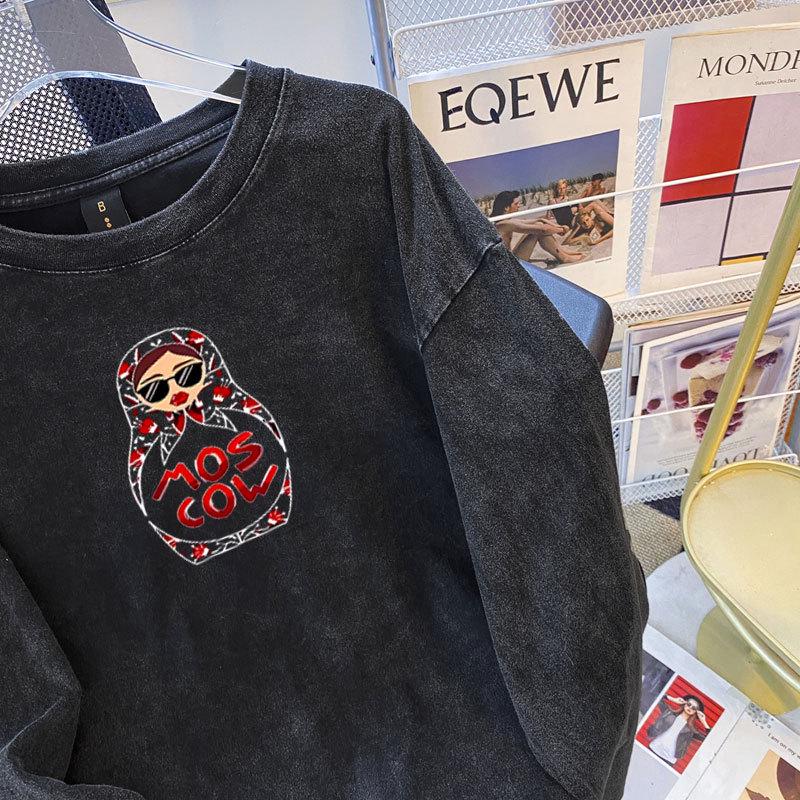 European & American Style Loose Mid-Length Pure Cotton Printed Long-Sleeve Women's T-shirt