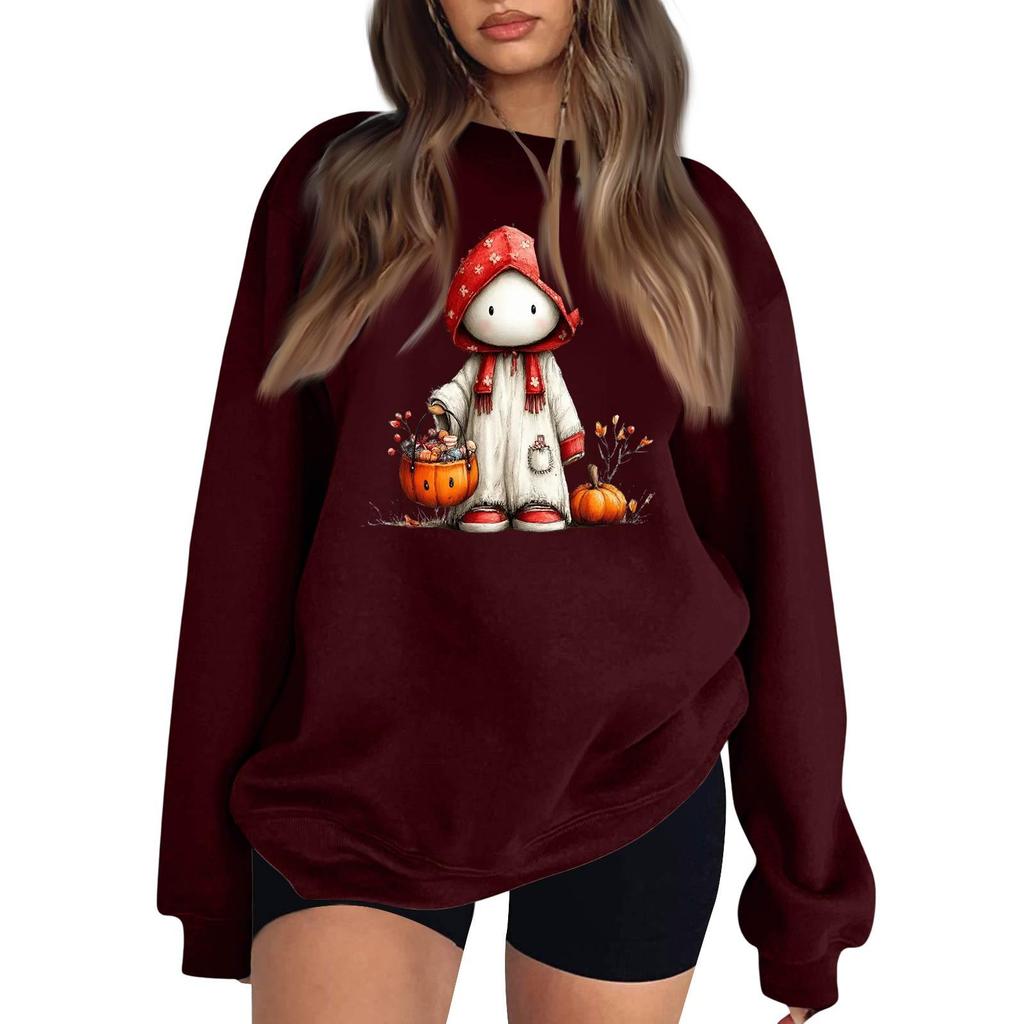 Women's Long Sleeve Neck Sweatshirt Loose Fit Casual Pullover Top with Small Halloween Print