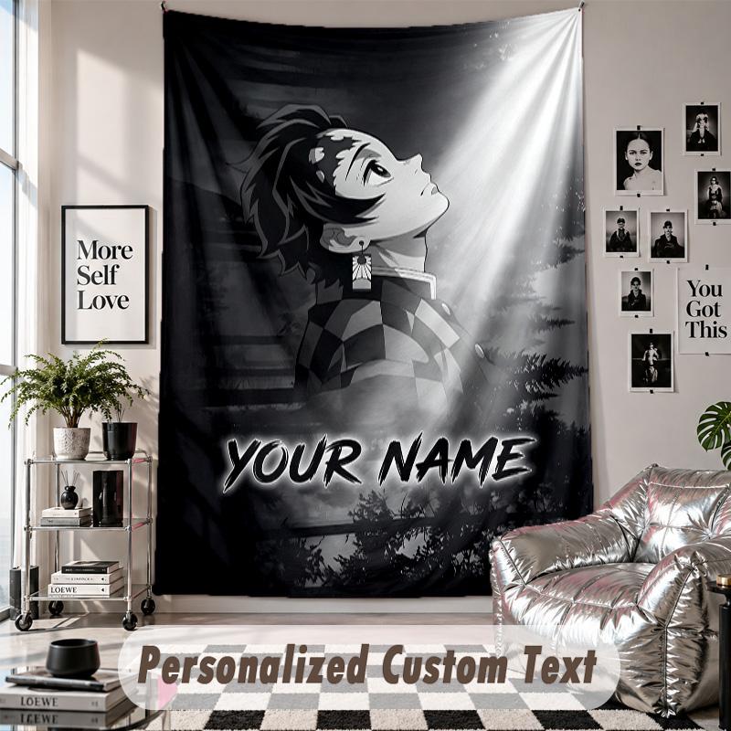 Wall Hanging Tapestry With Custom Name & Text, Demon Slayer Decorative Tapestry For Bedroom