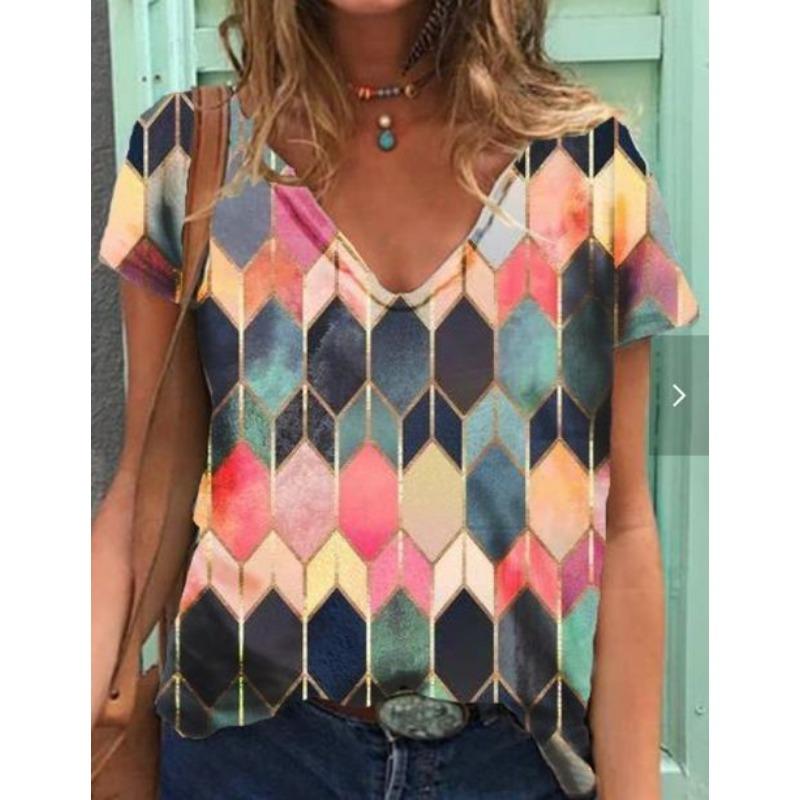 New Casual High-quality Retro Style 3D Women's Short Sleeved V-neck T-shirt