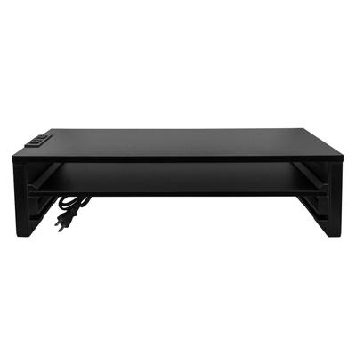EAYHM Two-Tier Monitor Stand, Desk Stand with Two Outlets, Wooden Top 54x23.5cm, PC Keyboard Storage Rack, Computer Stand, Printer Stand