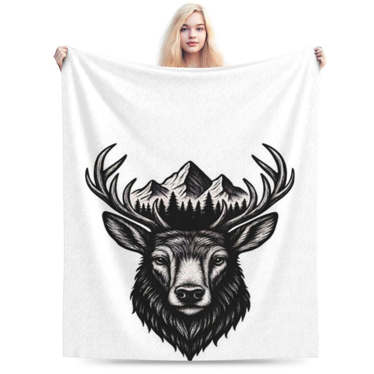

Deer In Mountain Landscape Black And White Line Art Custom Warm Decorate Home An UltraSoft Micro Fleece Blanket 75x100cm 30x40in