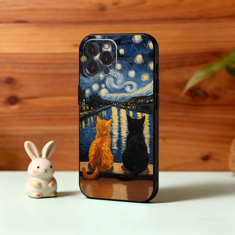 V-Van G-Gogh The Starry Night Phone Case For iPhone17,16,15,14,13,12Plus,Pro Max,XS,5G Soft Silicone Black Cover