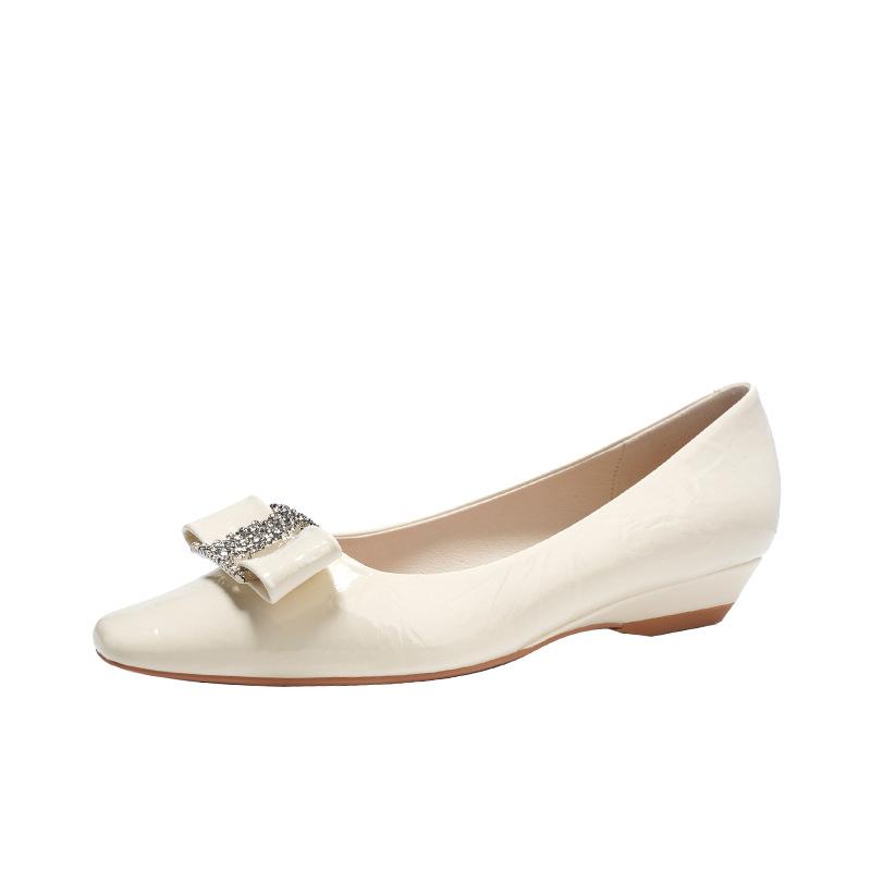 Luxury Flash Diamonds~ Sweet Temperament Wedge Heels Flats Women's Square Head Bow Single Shoes Casual Spring and Autumn