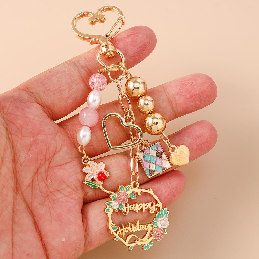 Fashion Enamel Flower Wreath Keychain Women Girls Crystal Beads Key Ring Pendants for Handbag Decor DIY Key Chain Jewelry Gifts