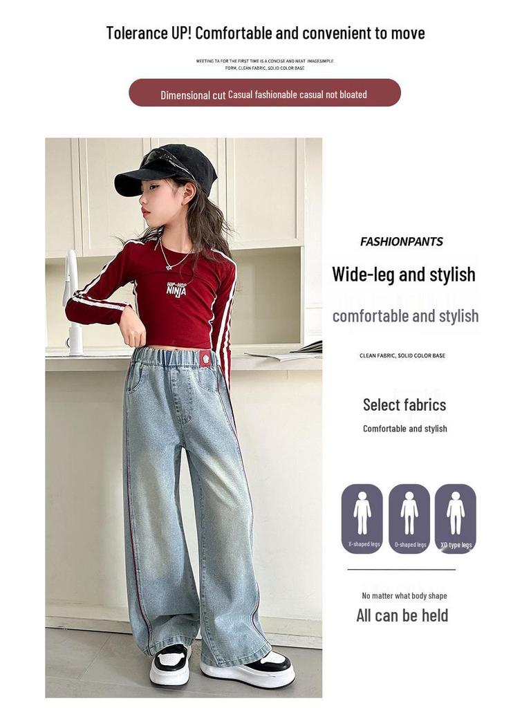 Girls' Fleece-Lined Wide-Leg Jeans for Autumn & Winter
