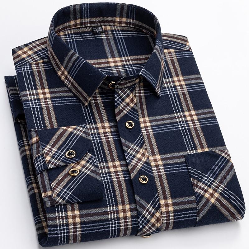 M-6XL Men's Pure Cotton Flannel Shirts Long Sleeve Single Pocket Casual Plaid Thick Soft Cozy Brushed Shirts Blouse Men Clothing