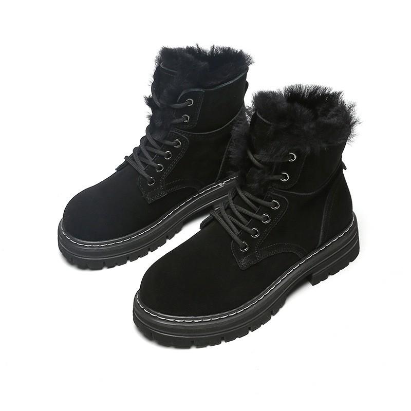 Womens Winter Warm Faux Suede Martin Boots With Fleece Lining Chunky Sole Round Toe Lace-Up Mid-Calf