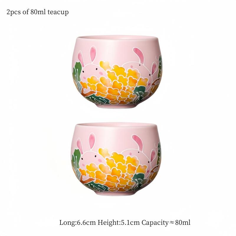 2pcs 80ml Pink Ru Yao Cute Rabbit Chinese Tea Cup Ru Kiln Ceramic Opening Beautiful Teacup Flowers Teaware Tea Tasting Cup  200ml