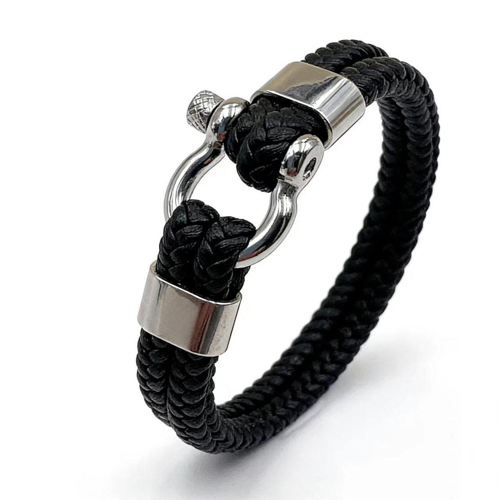 Men's Retro Horseshoe Buckle Leather & Stainless Steel Stackable Bracelet