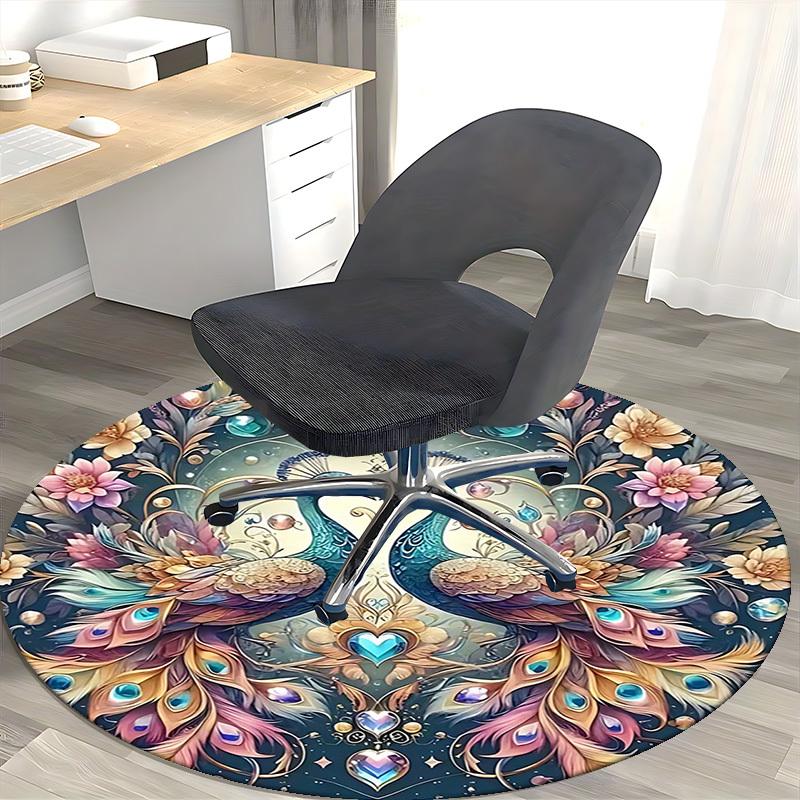 1 Stück Fantasy Pfauenpaar Runder Teppich Anime Design Bürostuhlmatte, Rutschfester Teppich für Heimdekoration, Geschenk, Büro, Wohnzimmer, Schlafzimmer