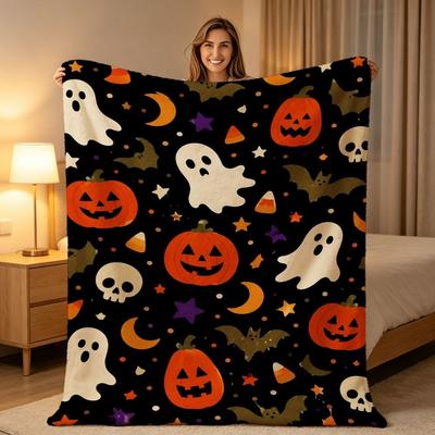 Playful Spooky Halloween Print Throw Blanket Jack?o?Lantern Ghost Candy Star Moon Pattern Soft Warm Sofa Bed Blanket All Season