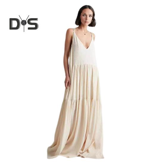 

Леди пляжное платье Глубокий V-образный вырез Свободное трапециевидное лоскутное платье с открытой спиной и без рукавов Плиссированное платье с ремешками для отдыха Курортная одежда Макси-платье Сарафан длиной до пола L бежевый