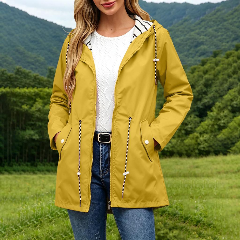 Women's Casual Hooded Trench Coat with Striped and Pockets