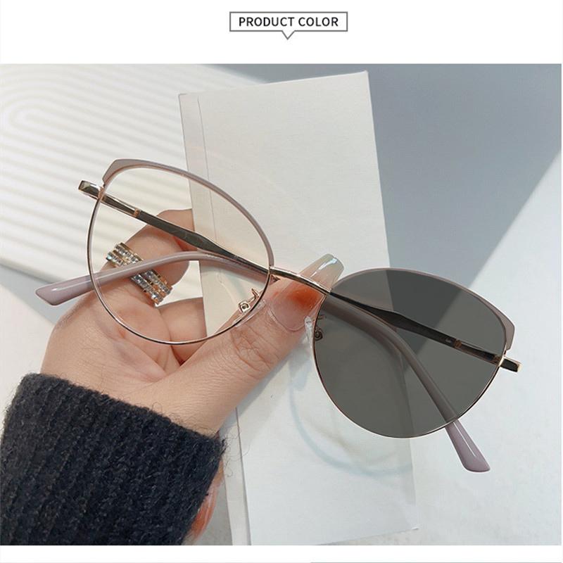 Retro Cat Eye Metal Frame Photochromic Anti Blue Light Reading Glasses for Women 0 To +6 Degrees