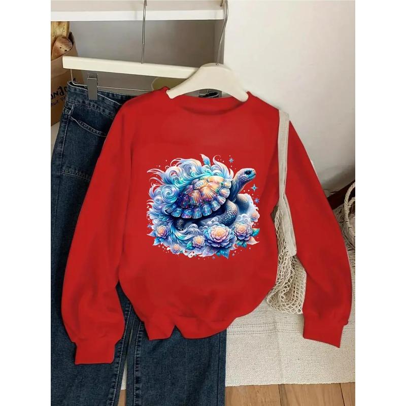 Kids Unisex Crewneck Sweatshirt, Magical Iridescent Sea Turtle With Blue Waves Peony Flowers And Stars Fantasy Soft Pullover For Kids Over 4 Years Old