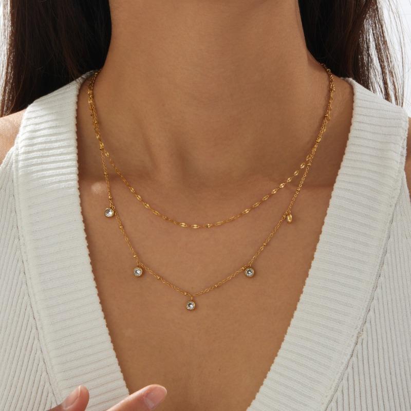 Gold Layered Chain Necklace with Crystal Drop Charms for Women