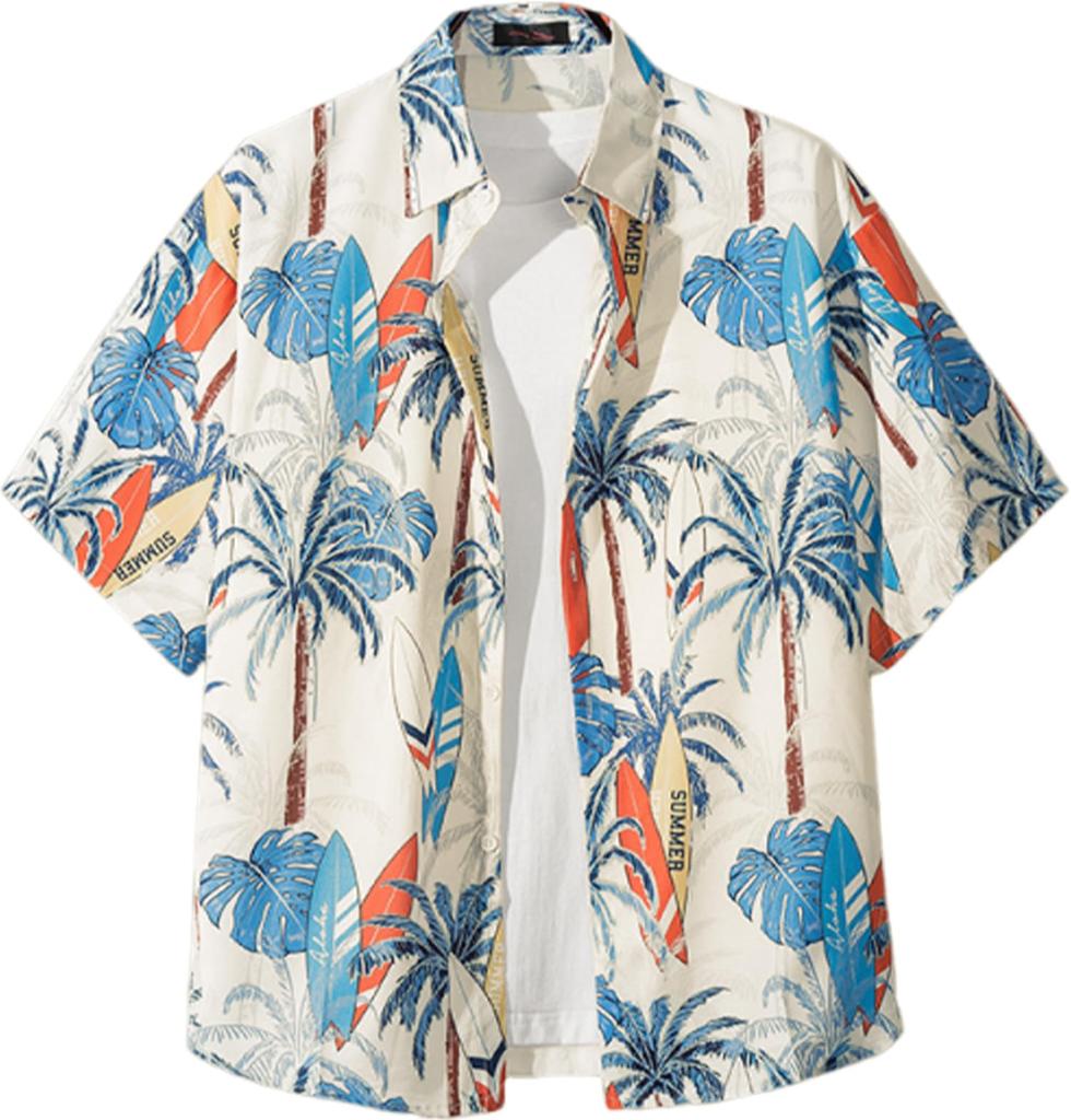 J.STORE Men's Patterned Aloha Shirt, Short Sleeve, Summer Cool Casual Stylish and Relaxed Fit, White, 5S-J12-WHM