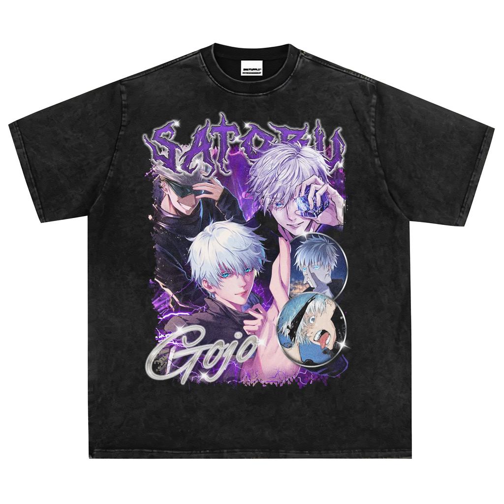 Hot Anime Jujutsu Kaisen Gojo Satoru Cool Print T Shirt Men Casual Loose Tshirts Vintage Washed Tee Harajuku Male Cotton T-shirt