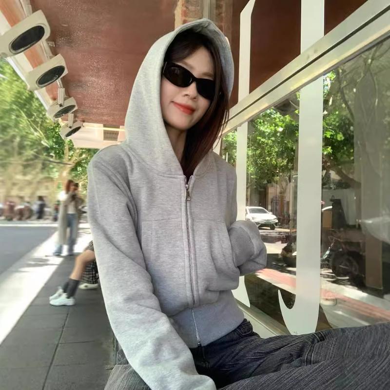 Women American Style Gray Hooded Sweatshirt Jacket Early Autumn New Style Solid Color Versatile Fashion Zipper Short Top