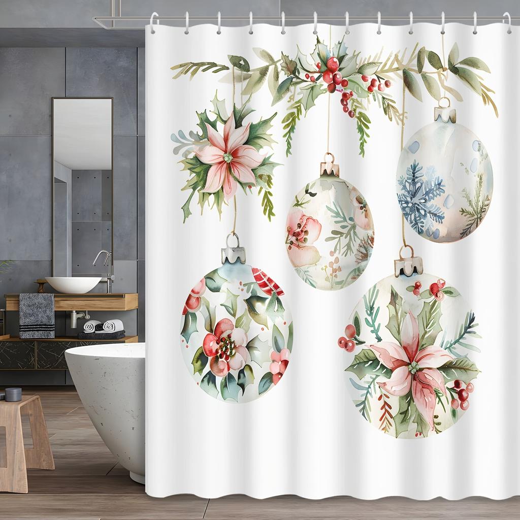 Cartoon Christmas Shower Curtain - Watercolor Plants & Flowers, 12 Hooks, Christmas Ball Design, Bath Decor