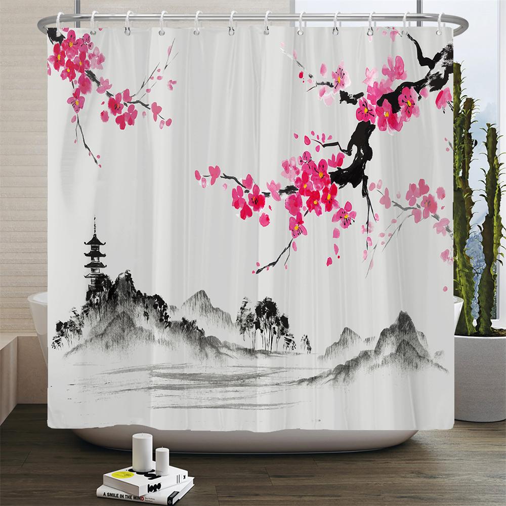 Japanese Wave Mount Fuji Plum Blossom Flower Printied Shower Curtain Waterproof Polyester Fabric Bathroom Curtains with 12 hooks