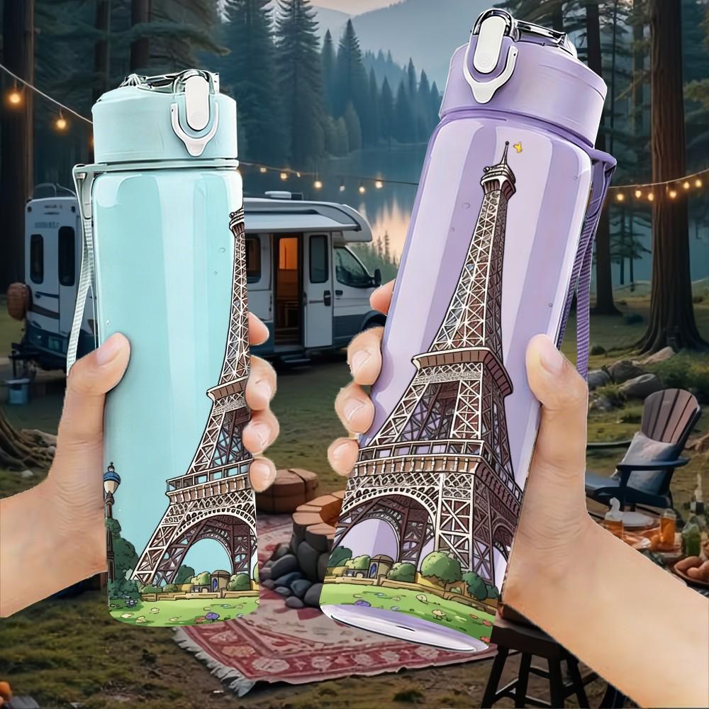 1PC Eiffel Tower Green Grass Scene 750ml Color Plastic Sports Water Bottle Leakproof Flip Straw Lid Suitable for Sports Office Home Use