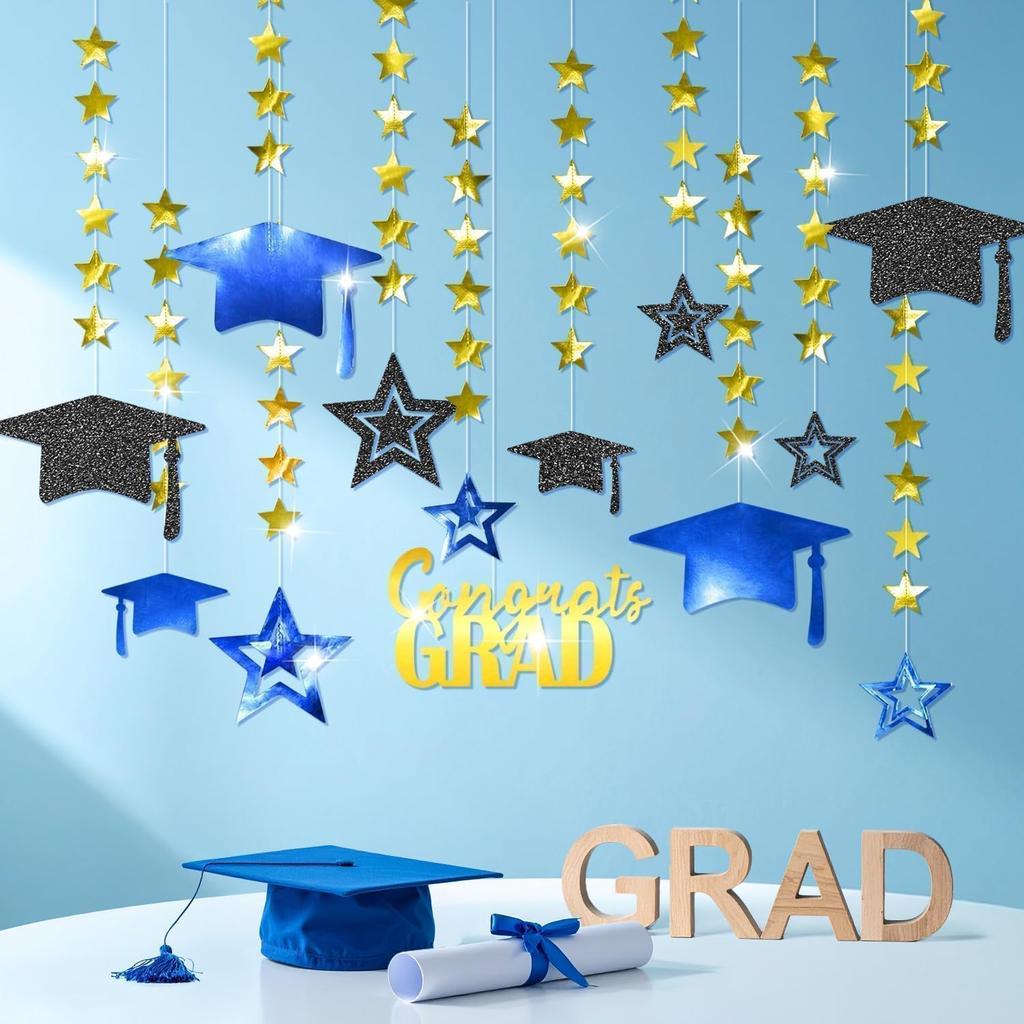 Cheerland Winter Graduation Party Decorations Blue and Gold Hanging Photo Backdrop Kit Congrats Grad Giltter 2025 Hanging Wall Banner University High