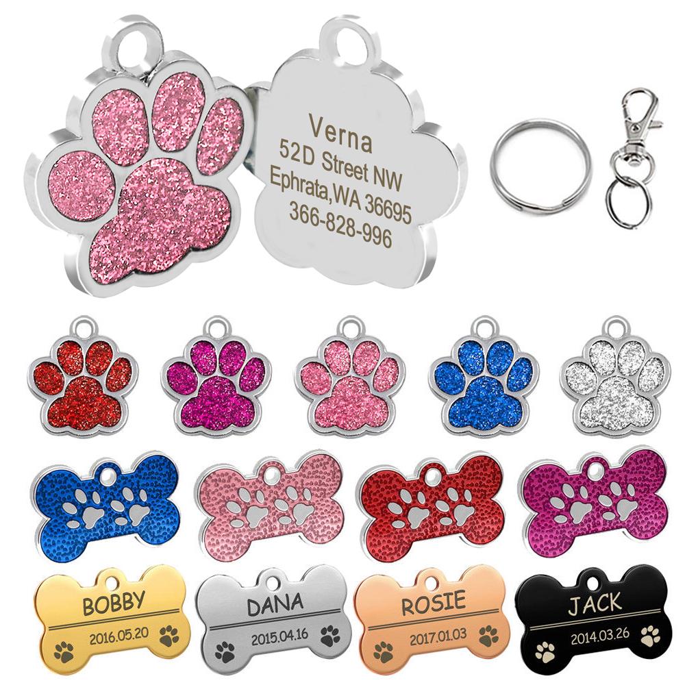 Medagliette Personalizzate per Cani Gatto Cucciolo ID Nome Collare Targhetta Ciondolo Accessori per Animali Osso/Zampa Glitter