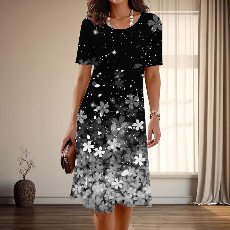 

Женская мода изящный принт вишневого цвета лето весна короткий рукав О-образный вырез повседневные платья 3XL серый