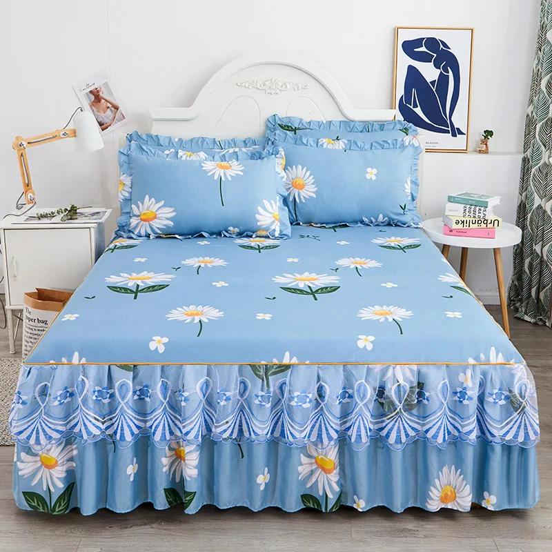 1PC Printed Bedding Set Lace Trim  Heightening Bed Skirt Pillowcase Set Anti-slip Mattress Cover Soft Comfortable Cotton Double