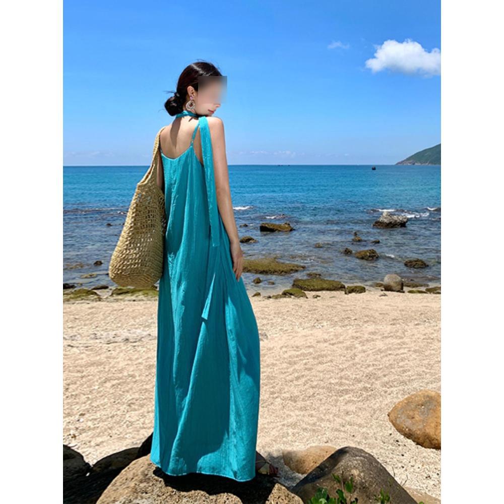 Minze Mambo Seaside Resort Atmosphäre Strandkleid Neck Dress Feenhaftes Temperament Schwingender Rock