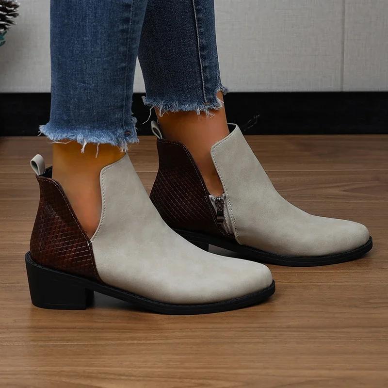 Fashion Women's Shoes 2024 Hot Sale Zipper Women's Boots Autumn Round Toe Mixed Colors Flock Short Barrel Mid Heel Large Size Boots