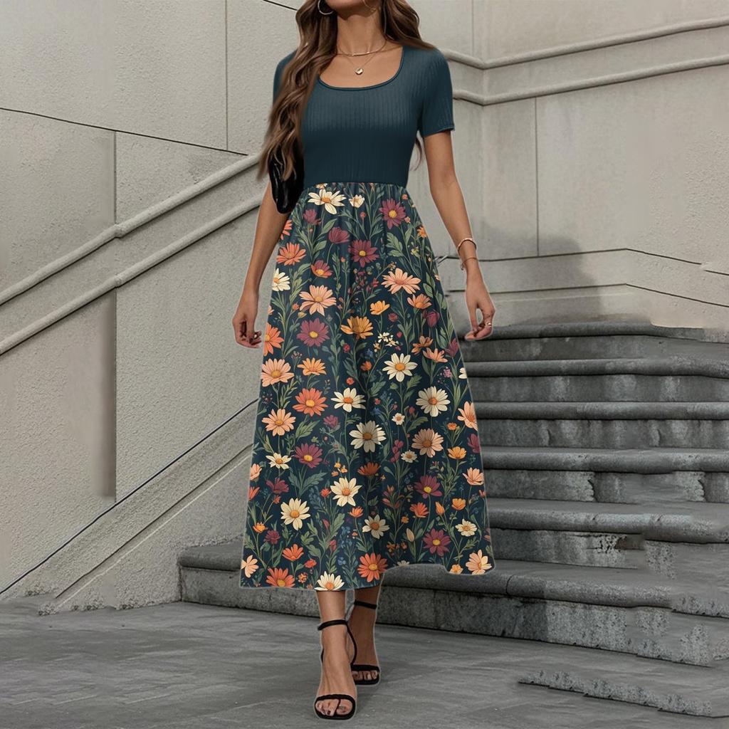 Women's Fashion Casual Short Sleeve Round Neck Splicing Floral Print Elegant Temperament Dress