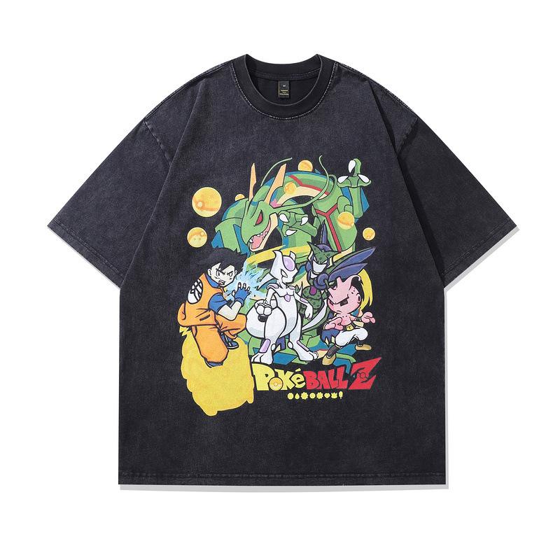 Trendy Brand Men'S T-Shirt Japanese Cartoon Direct Injection Printing 230G Heavy Pure Cotton Washed Loose Short-Sleeved T-Shirt Men'S
