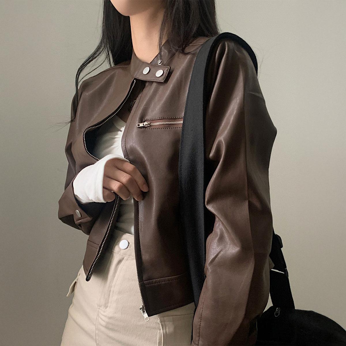 

Повседневная куртка на молнии с длинным рукавом для женщин 2025 Осень и Зима Новый стиль Модная и Универсальная S коричневый