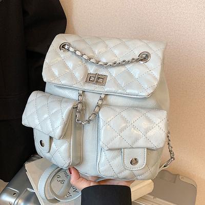 2025 New Fashion Small Fragrant Wind Rhombus Chain Backpack Femininity Versatile High Sense Multi-pocket Small Backpack
