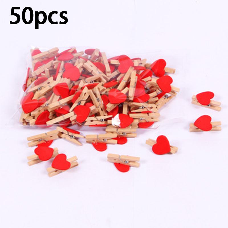 50Pcs Wooden Colored Love Heart Photo Clip Memo Paper Diy Photo Clips Wedding Decoration Postcard Clips Clothespin Home Decor