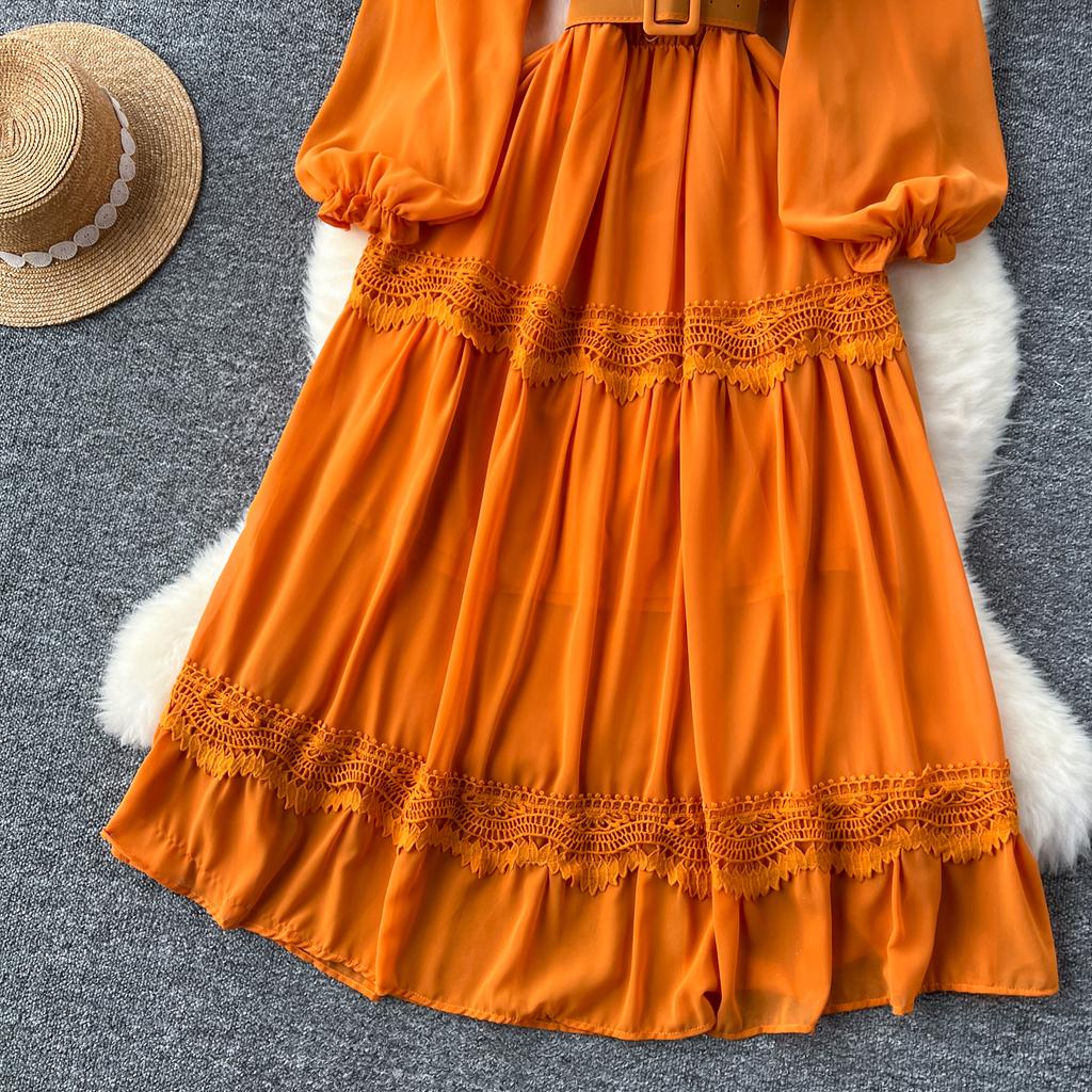 French O Neck Cut Out Lace PATCHWORK Lantern Sleeve Korean Fashion Dress Women's Summer Waist Sweet Dresses