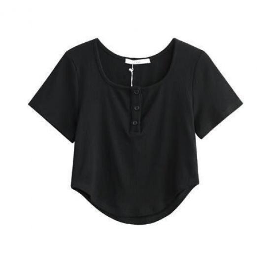 Super design Tlačítko Tričko s krátkým rukávem Šití Slim Fit Niche Asymetrické krátké