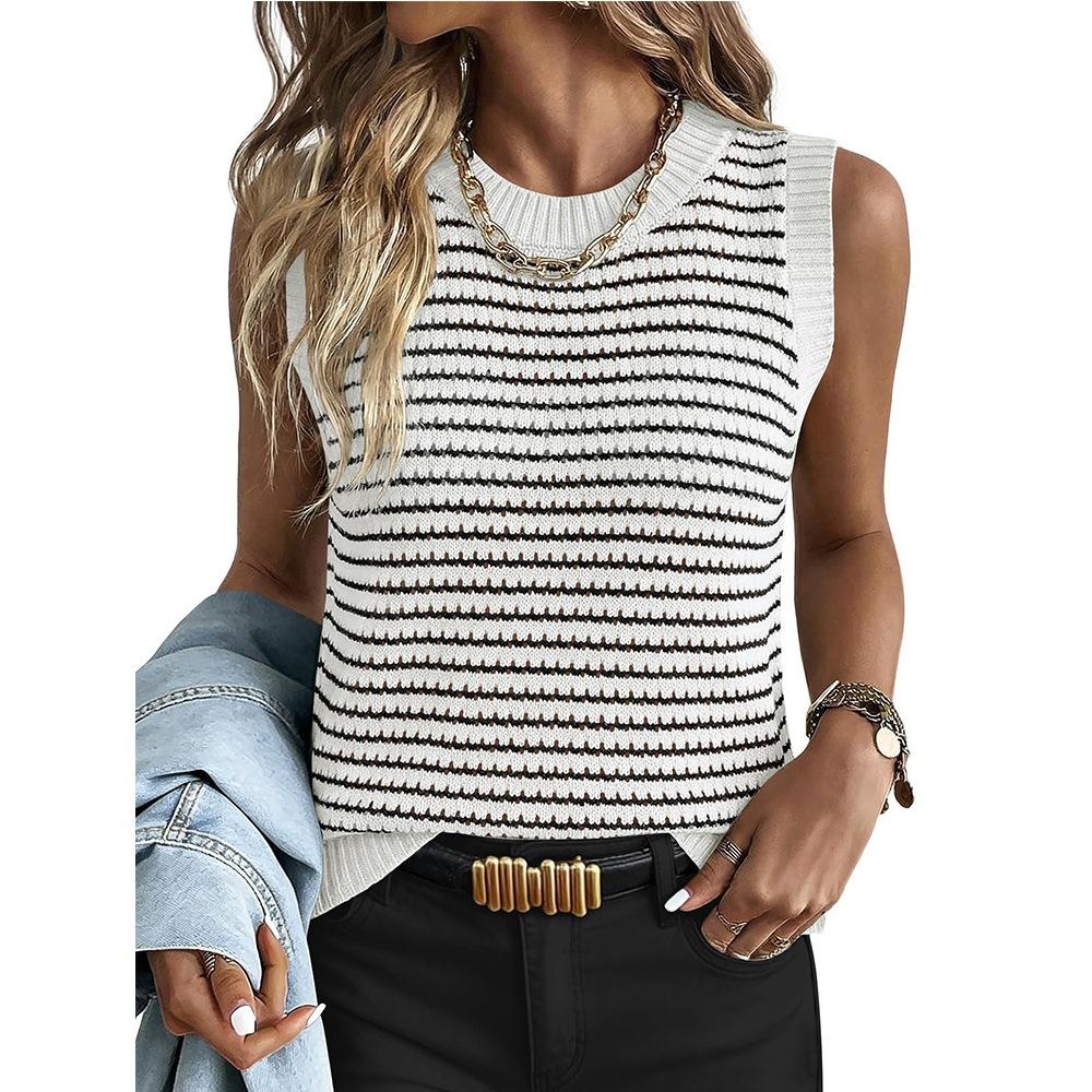 Women s Crew Neck Sleeveless Striped Knit Tank Top Regular Fit Textured Hollow Knit Pullover Vest For Spring Summer Casual Layering S
