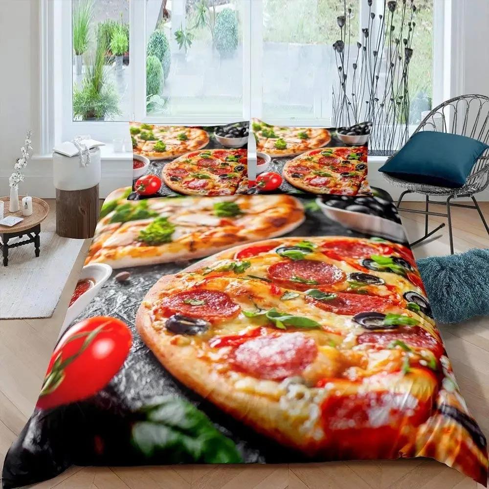 Pizza Bettbezug-Set Käsepizza Bettwäsche-Sets Pepperoni Nudeln Bettdeckenbezug-Set Full Queen Größe Lebensmittel-Thema Gesteppte Decke
