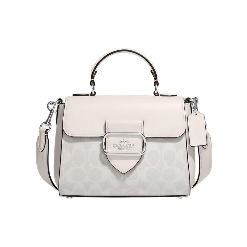COACH handbag Morgan 21 letter logo lock plate flip zipper canvas with leather shoulder bag crossbody bag small size women's ivory gray and glacier
