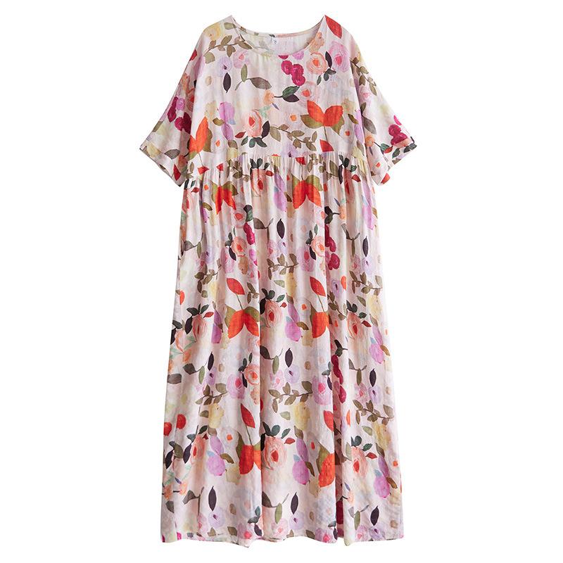 Dámské bavlněné šaty s krátkým rukávem ve vintage květinovém stylu plus size, bohémské, nadměrné, ležérní, volné, dlouhé letní šaty, elegantní oblečení