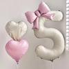 40 Inch Number 0-9 Balloon Cream White with Light Pink Bow Aluminum Foil Balloons New Year Decorations Birthday Party Balloons
