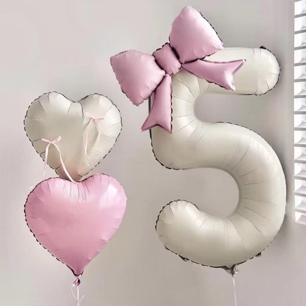 40 Inch Number 0-9 Balloon Cream White with Light Pink Bow Aluminum Foil Balloons New Year Decorations Birthday Party Balloons