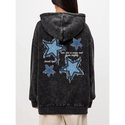 Übergroßer Damen-Wasch-Hoodie Imitat-Denim Sternmuster-Print Pullover Bequemer Warmer Baumwoll-Hoodie Freizeitkleidung