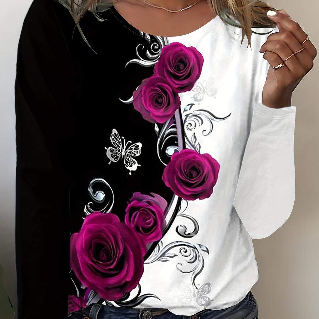 Dam Långärmad Blommor och rosor Mönster T-shirts Toppar 2024 Höst Ny Mode Damtopp Harajuku Rolig Pullover Kläder