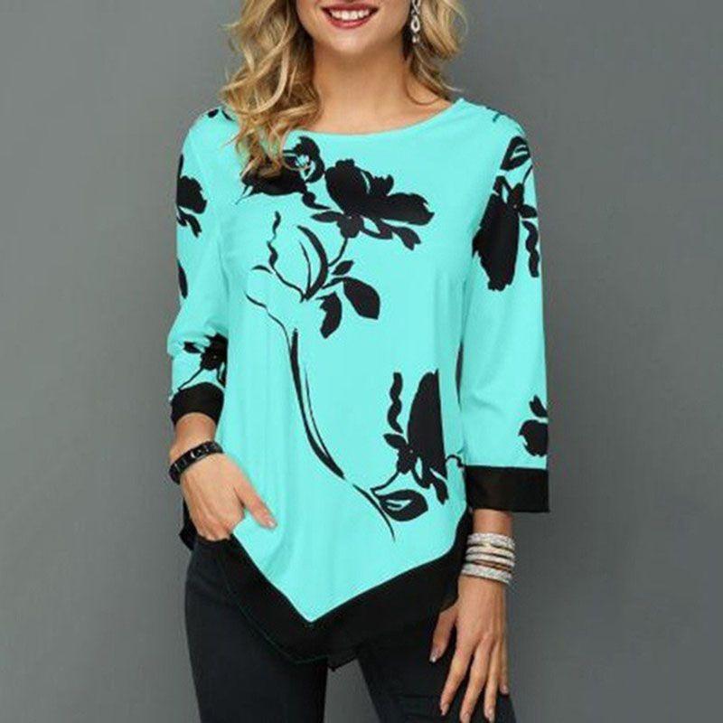 Irregular Women Floral Blouse Tee Ladies Long Sleeve Casual Loose Tshirt S5xl