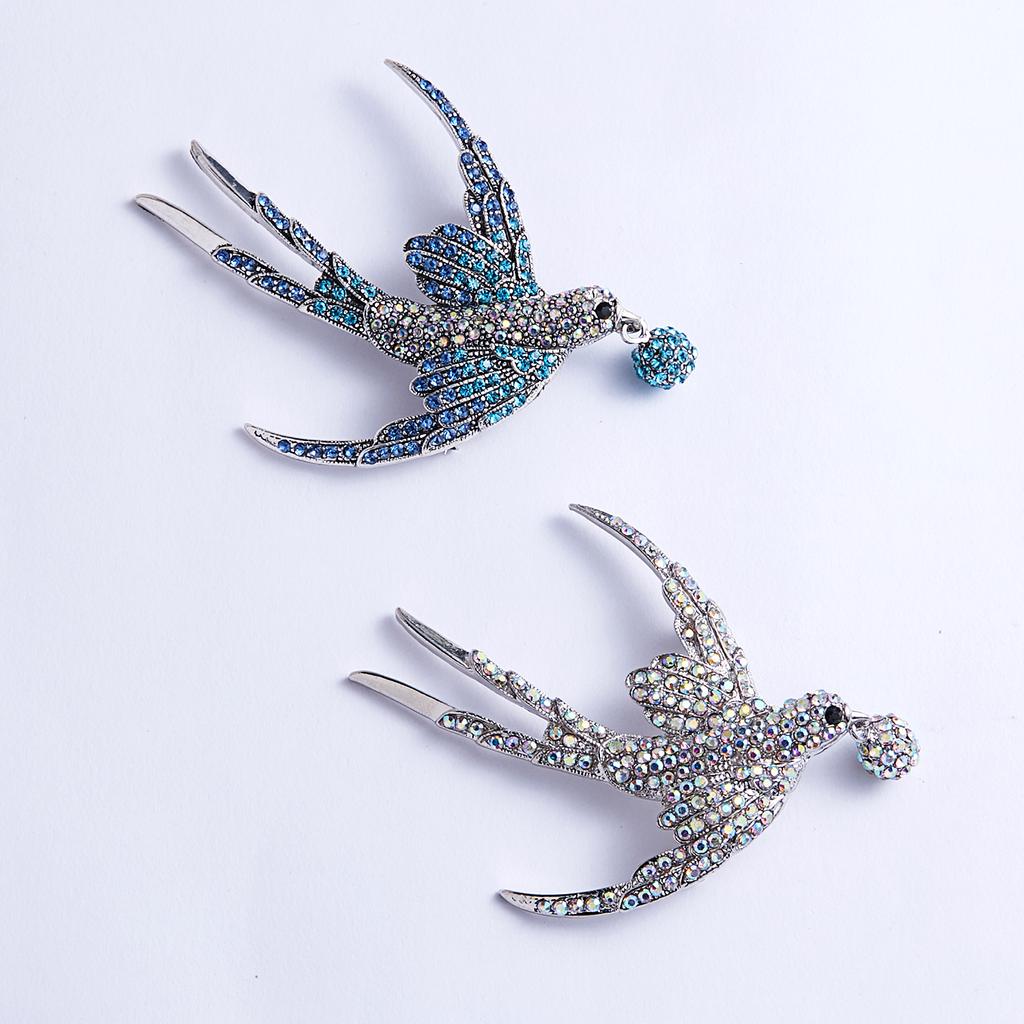 Rinhoo Full Rhinestone Flying Birds Brooch for Women Vivid Bird Dangling Round Beads Animal Lapel Pins Hummingbird Badge Corsage